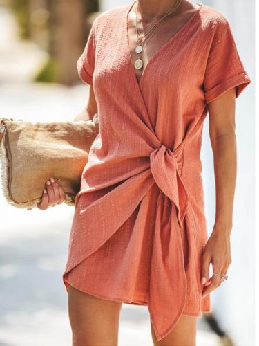 Pink Short Sleeve Cotton-Blend Asymmetric Dresses