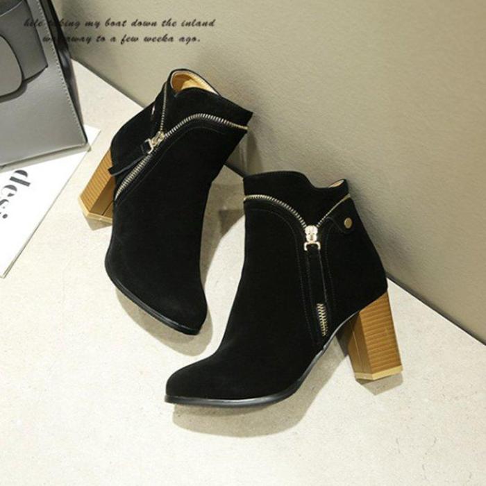 Large Size Ankle Suede Chunky Heel Daily Women Zipper Boots
