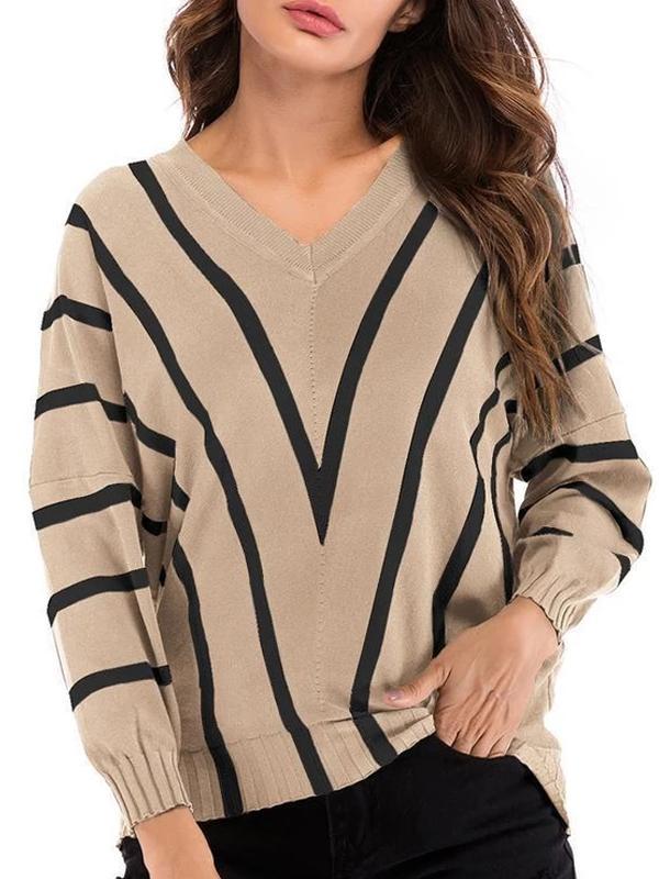 V  Neck  Striped  Basic Sweaters