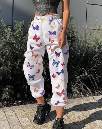 Butterfly Print Baggy Cargo Pants Women Jogger Sweatpants Casual Elastic High Waist Trousers Hip Hop Streetwear