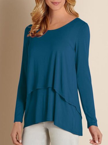 Blue Crew Neck Casual Paneled Shirts & Tops