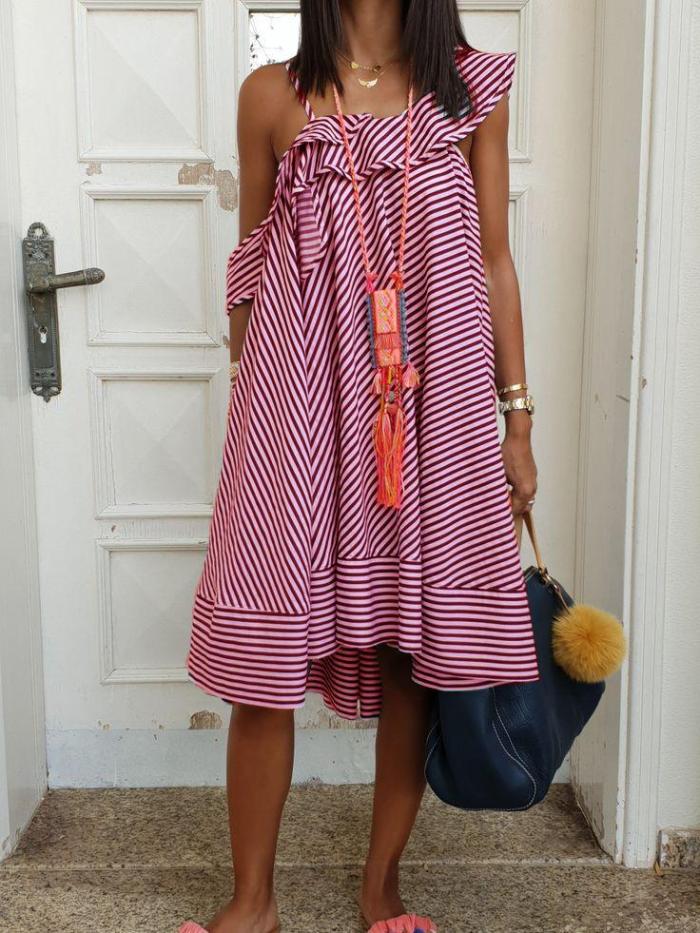 Short Sleeve Cotton-Blend Striped Dresses