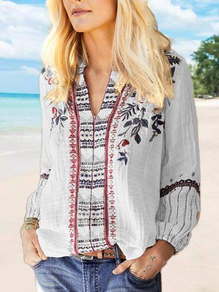 Cotton-Blend Casual V Neck Long Sleeve Shirts & Tops
