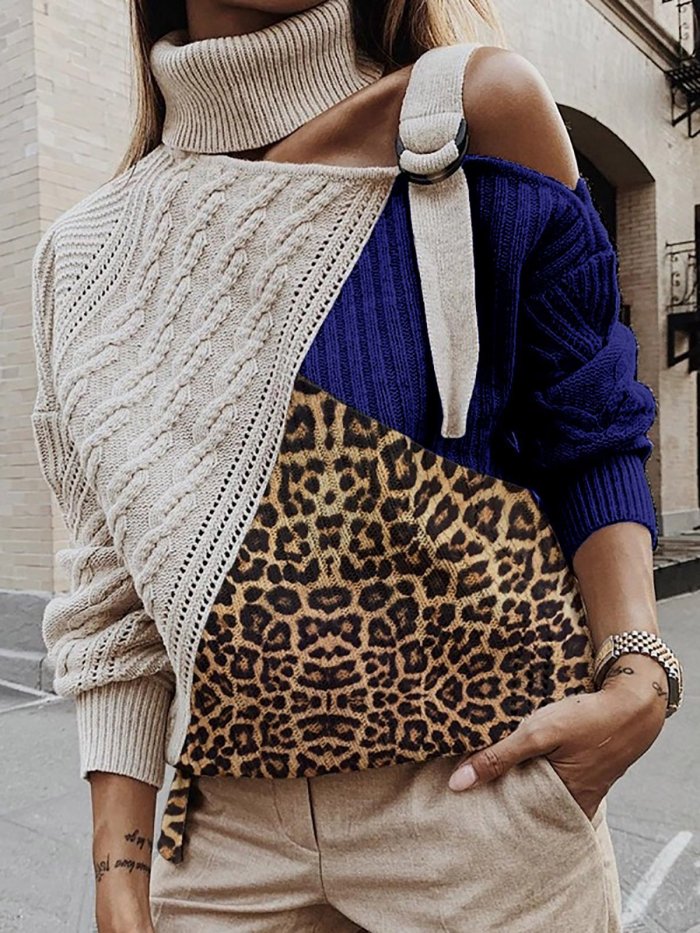 Leopard Paneled Off Shoulder Sweater Plus Size Pullovers Jumpers