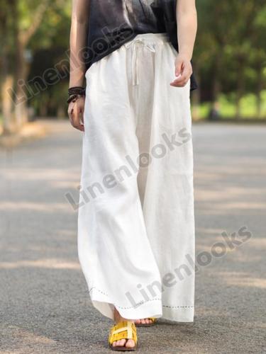 Women Linen Solid Color Elastic Waist Loose Casual Wide Leg Pants