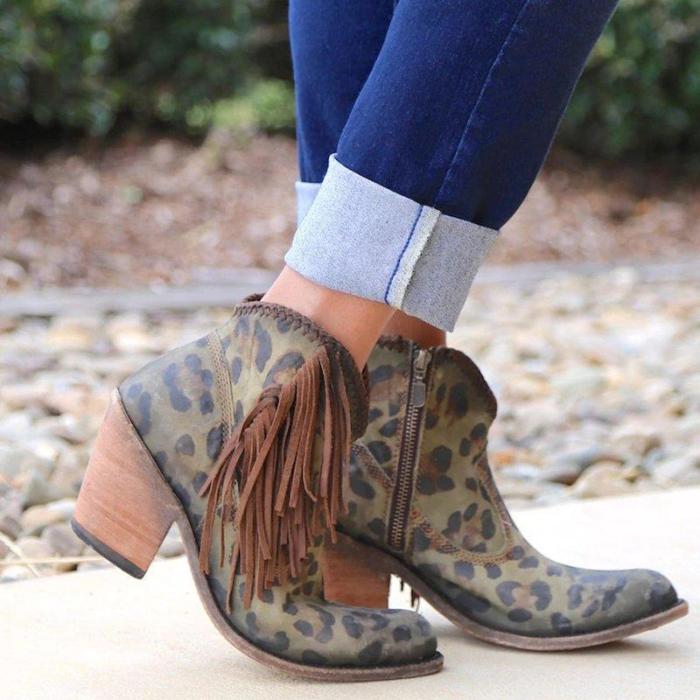 Fashion leopard tassel low heel shoes non-slip boots