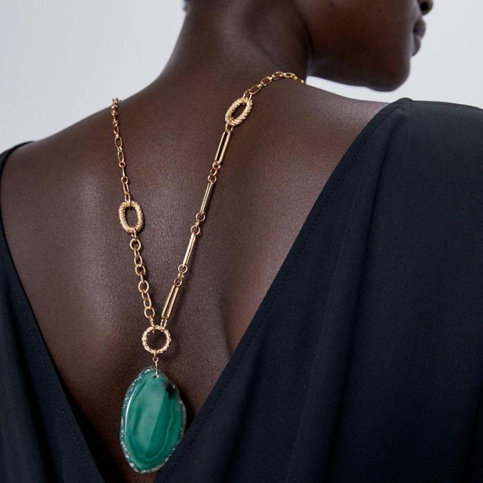 Green Geometric Resin Pendant Necklace Women Metal Chain Long Necklace