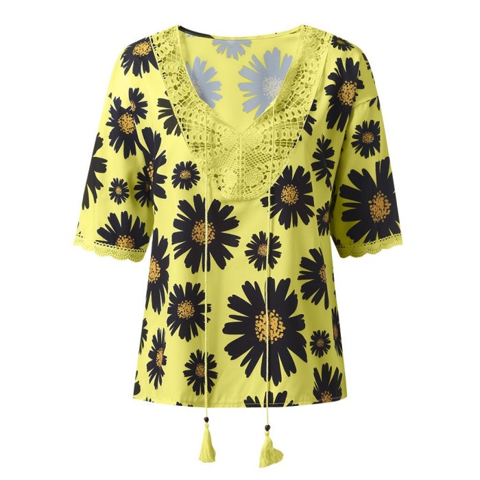 Fashion Blouse Vintage Loose Plus Size Floral Printed Lace V-Neck Short Sleeve Shirts Tops