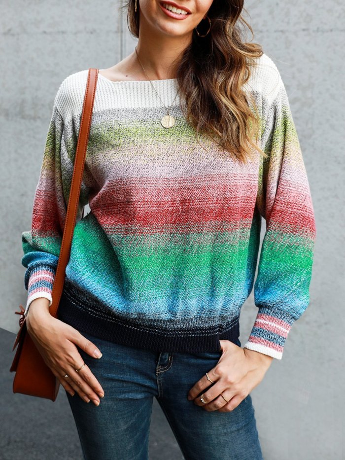 Color-Block Casual Ombre/tie-Dye Shift Sweater