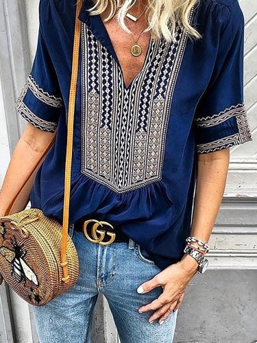 Casual Printed Short Sleeve V neck Tribal Plus Size Blouse