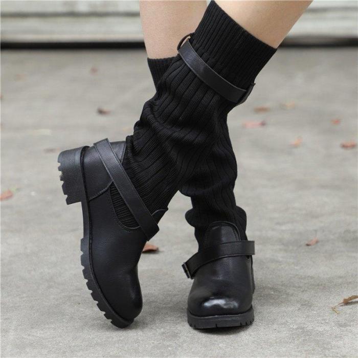 Comfy Cabin Sweater Boots Vintage PU Paneled Adjustable Buckle Casual Boots