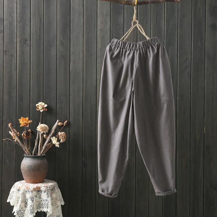Casual Ankle-length Loose Elastic Waist Solid Color Trousers Pants