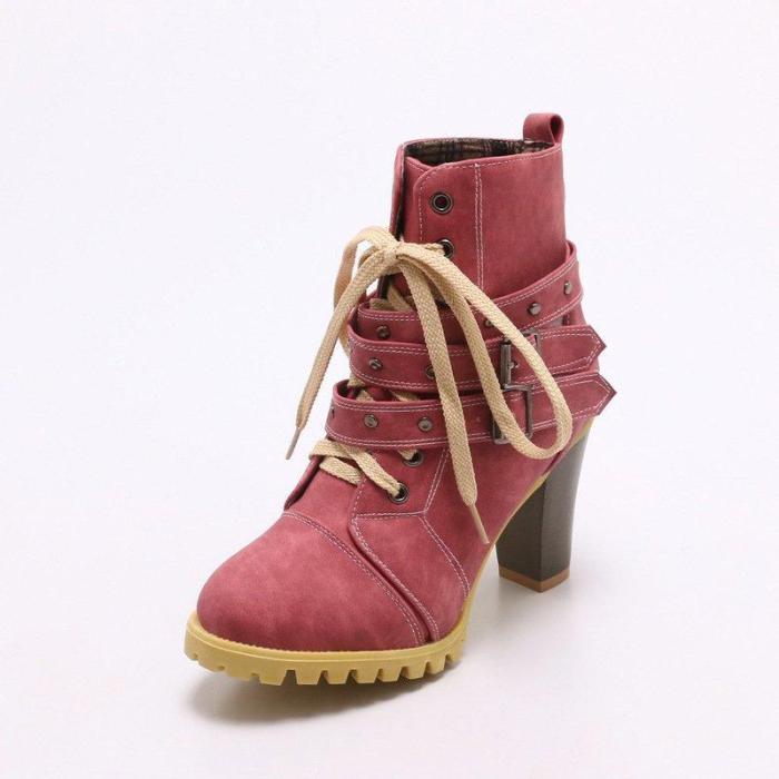 Women Lace Up Booties Casual Comfort Chunky Heel Shoes