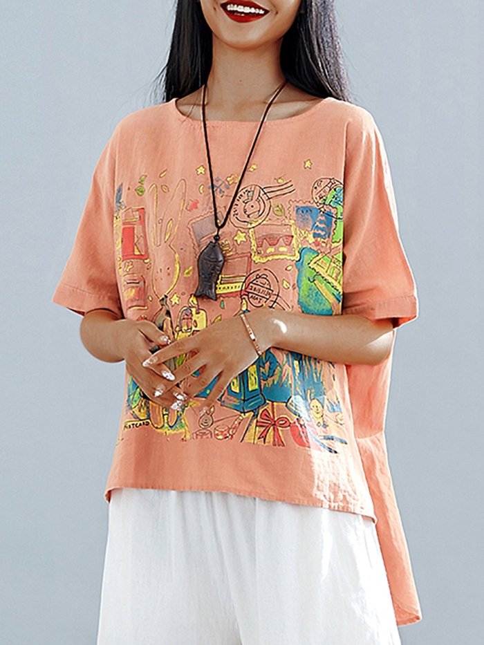 Plus Size  Women  Cotton And Linen Floral  Short  Sleeves Round Neck T-shirts
