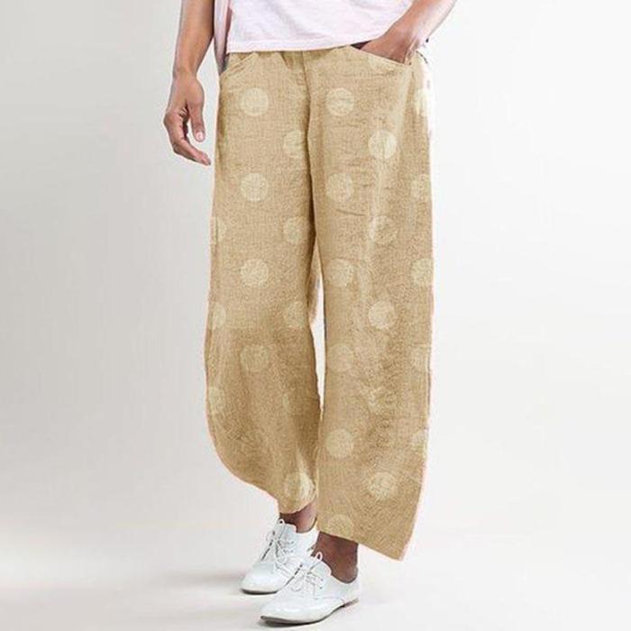 Dot Printed Pants Trousers Women Cotton Linen Wide Pants Elastic Waist Loose Pantalon Plus Size Pant