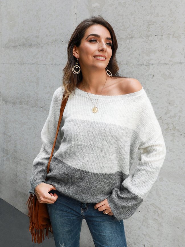 Gray White Ombre/tie-Dye Color-Block Casual Sweaters