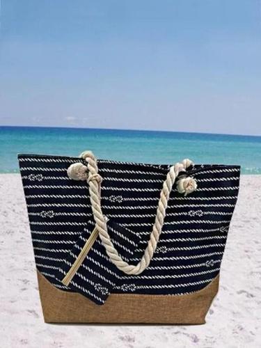 Women's Beach Casual Striped Zipper Canvas Tote Bag