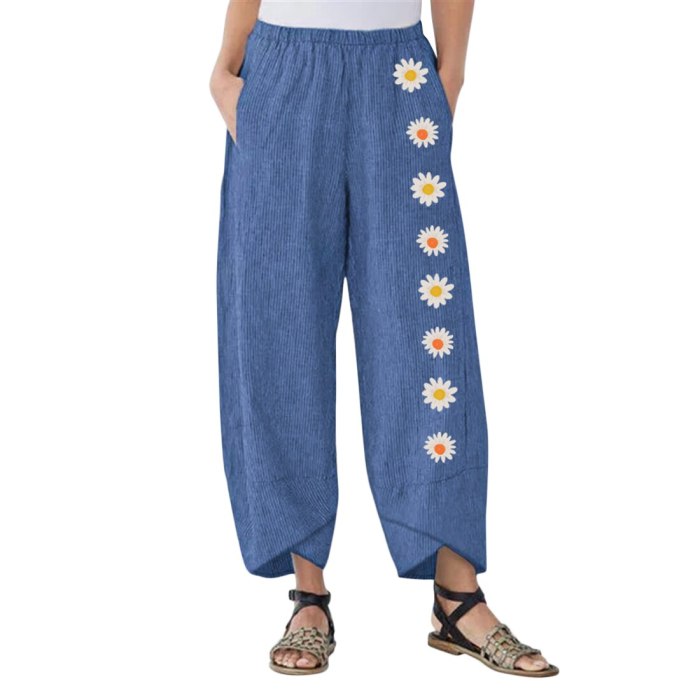 Cotton Linen Pants Women Trousers Loose Casual Flower Print Women's Pants 2020 Female Capris Summer Autumn Pants