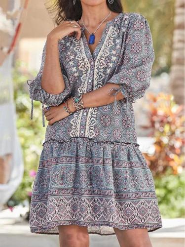 Gray Blue Floral Cotton-Blend Printed Holiday Dresses