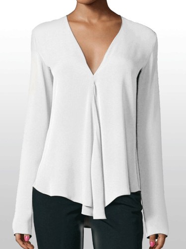 Casual V Neck Solid Blouses