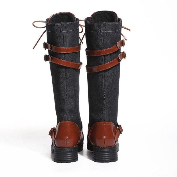 Vintage Lace Up Mid-calf Boots Adjustable Buckle Casual Low Heel Paneled Boots