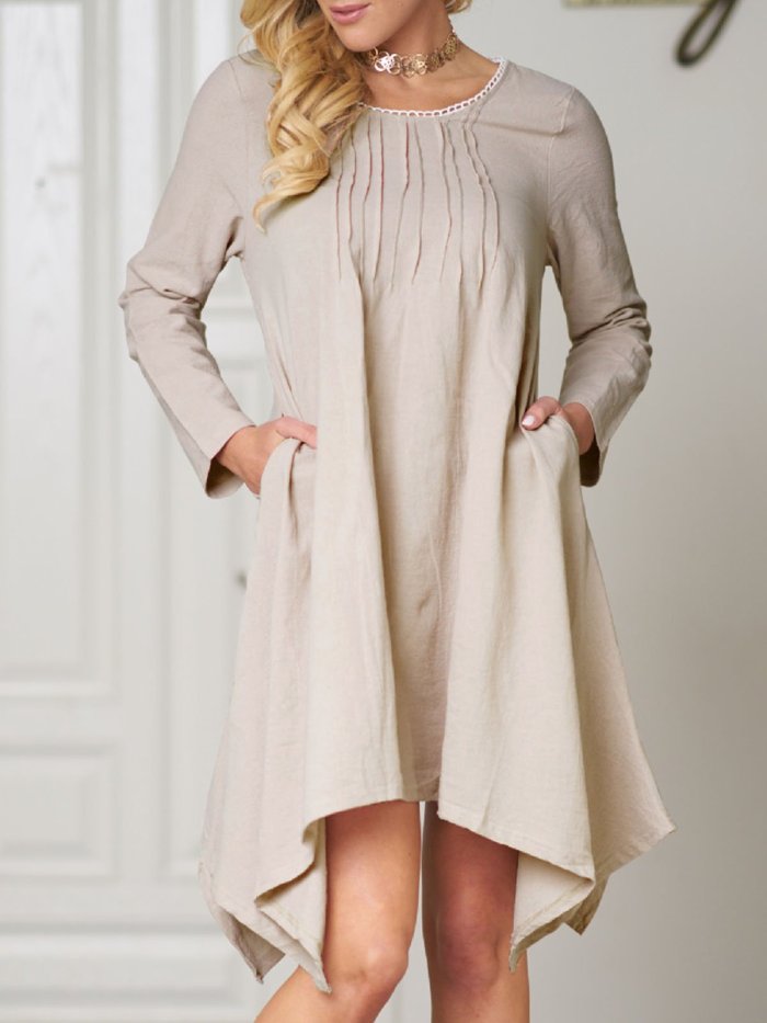 Women Casual Linen Asymmetrical Buttoned Dress