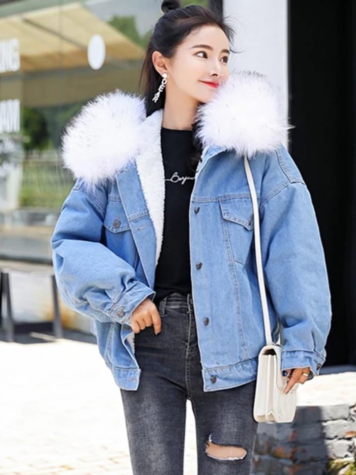 Winter Denim Jacket Fashion Blue Jeans Jacket Coat Fur Collar Oversize Outwear