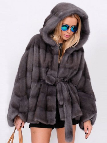 Faux Fur Solid Hoodie Parka Coat with Belt