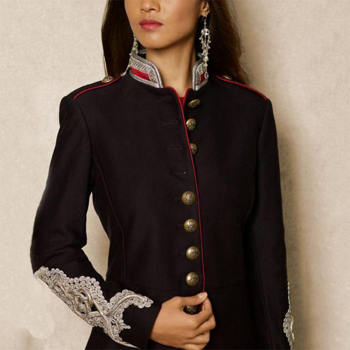 England Style Stand Collar Women Long Sleeve Decorative Button Blazer
