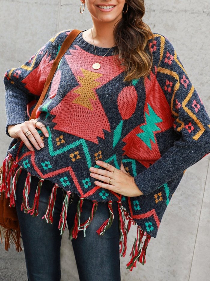 Multicolor Long Sleeve Tribal Fringed Cotton-Blend Sweaters