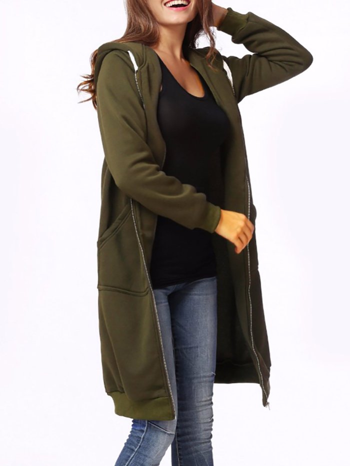 Women Plain Pockets Long Sleeve Plus Size Hoodie Coat