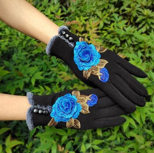 Women's autumn winter thicken warm flower embroidery gloves lady's touch screen vintage dancing driving glove R2373