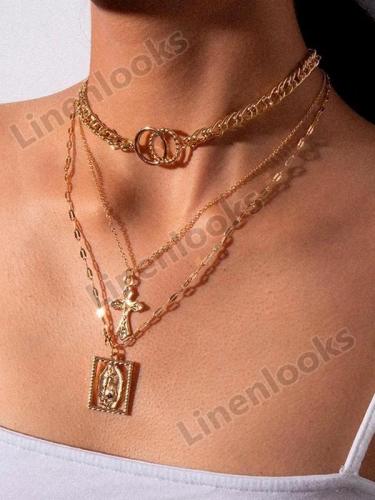 Vintage Metal Gold Necklace Multi-layer Cross Choker Geometric Necklace