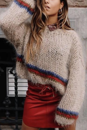 Casual Round Neck Long Sleeve Patchwork Loose Sweater