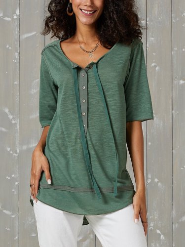 Army Green Casual V Neck Cotton-Blend Half Sleeve Shirts & Tops