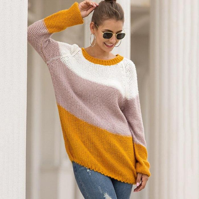 Autumn and Winter New Thick Line Color Matching Pullover Sweater Women's Foreign Trade Sweater Sweater Women Pullover