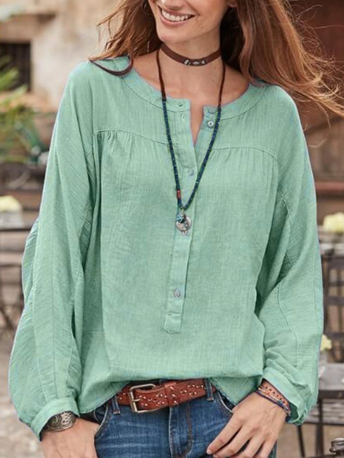 Women Blouse Buttoned Round Neck Long Sleeves Loose Tops
