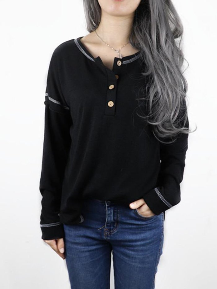 Fashion Round Neck With Button Plain Casual Blouse