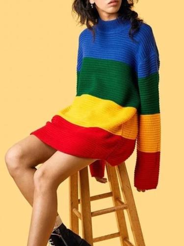 Loose Knitwear Full Sleeve High Collar Rainbow Pullover