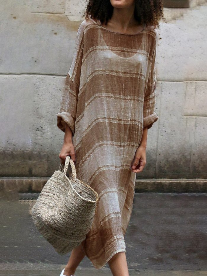 Long Sleeve Linen Dress Soft Stripe Maxi Dress