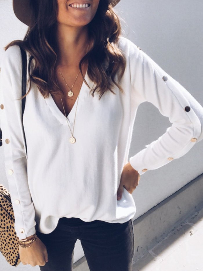 Buttoned Long Sleeve Vintage V Neck Sweaters