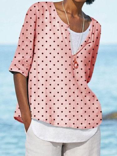 Polka Dots V Neck Casual Half Sleeve Shirts & Tops