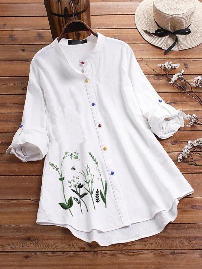 Vintage Floral Embroidery Button 3/4 Sleeve Shirt