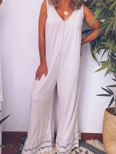 White Cotton Sleeveless Casual Daily Jumpsuit