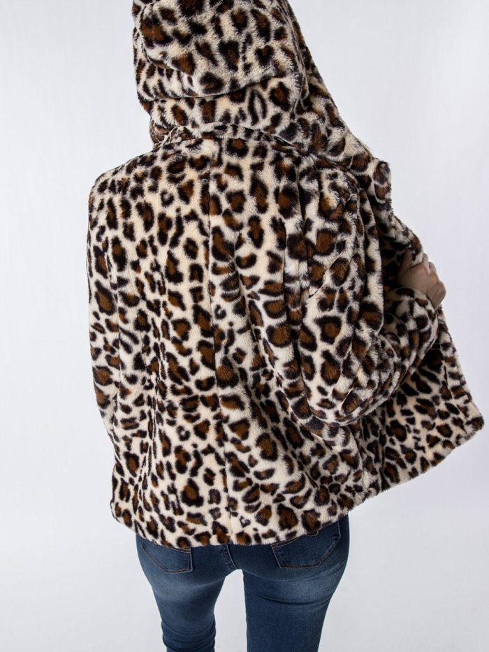 Leopard Cotton Hoodie Paneled Casual Coat