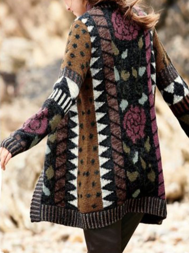 Brown Long Sleeve Geometric Printed Knitted Cardigan