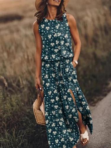 Blue Crew Neck Floral Casual Sleeveless Dresses