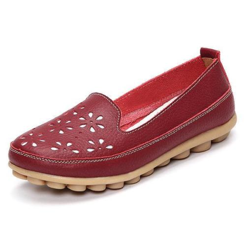 Big Size Soft Brethable Leather Floral Hollow Out Slip On Flat Loafers