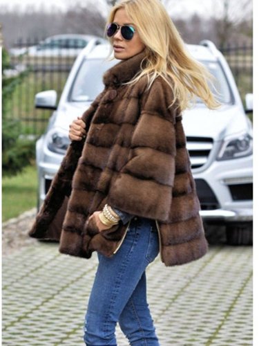 Stand Collar Brown Faux Fur Plain Women Coat