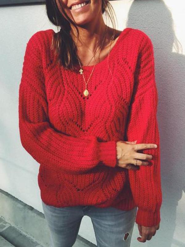 Loose Lantern Sleeve Knitting Red Women Sweater